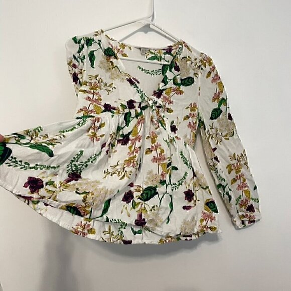 LUCKY BRAND Malia Peasant Top White Green Floral V-Neck Cutout Tie Long Sleeve - Picture 8 of 15